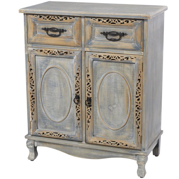 DecMode 27" x 33" Gray Wood Intricately Carved 2 Drawers 1 Shelf and 2 Doors Floral Cabinet, 1-Piece