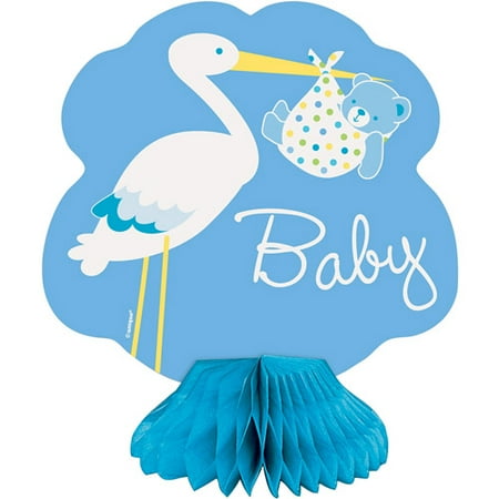Mini Honeycomb Blue Stork Baby Shower Decorations, 4pk