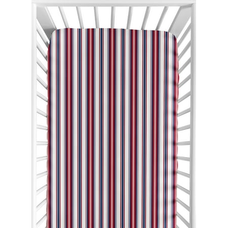 UPC: 0846480062080 | Red White and Blue Striped Baby or Toddler Fitted Crib Sheet for Baseball Patch Sports Collection by Sweet Jojo Designs