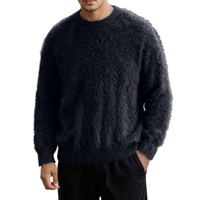 MIASHUI Men's Solid Color Soft Cozy Sweater Lazy Style Pure Knit Base Layer Long Sleeve Comfort Black,XL