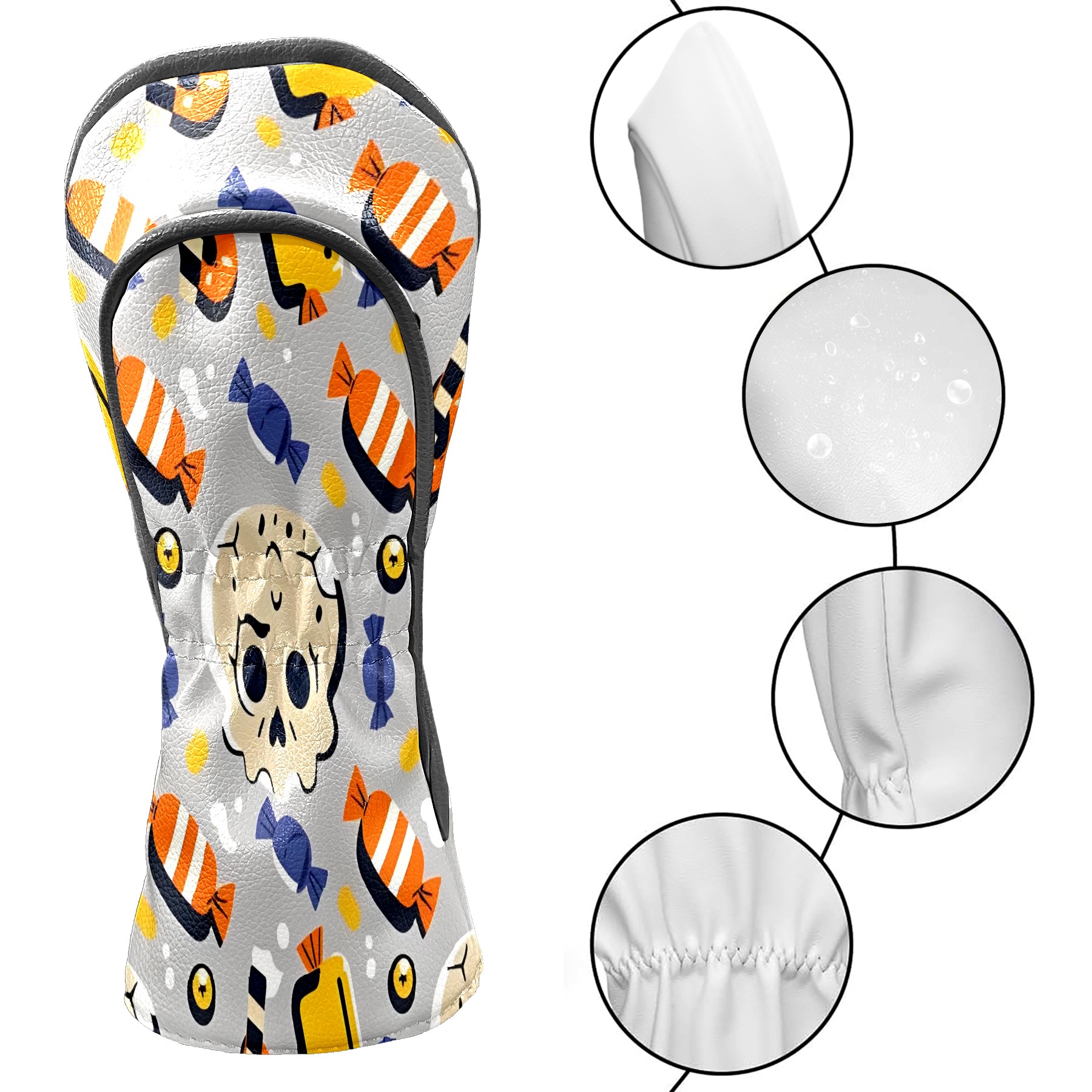 Golf Club Covers, Colorful HalloweenCandy Premium PU Leather Driver Hybrid Putter Head Covers with Velvet Lining, Waterproof Golf Gifts for Men Women