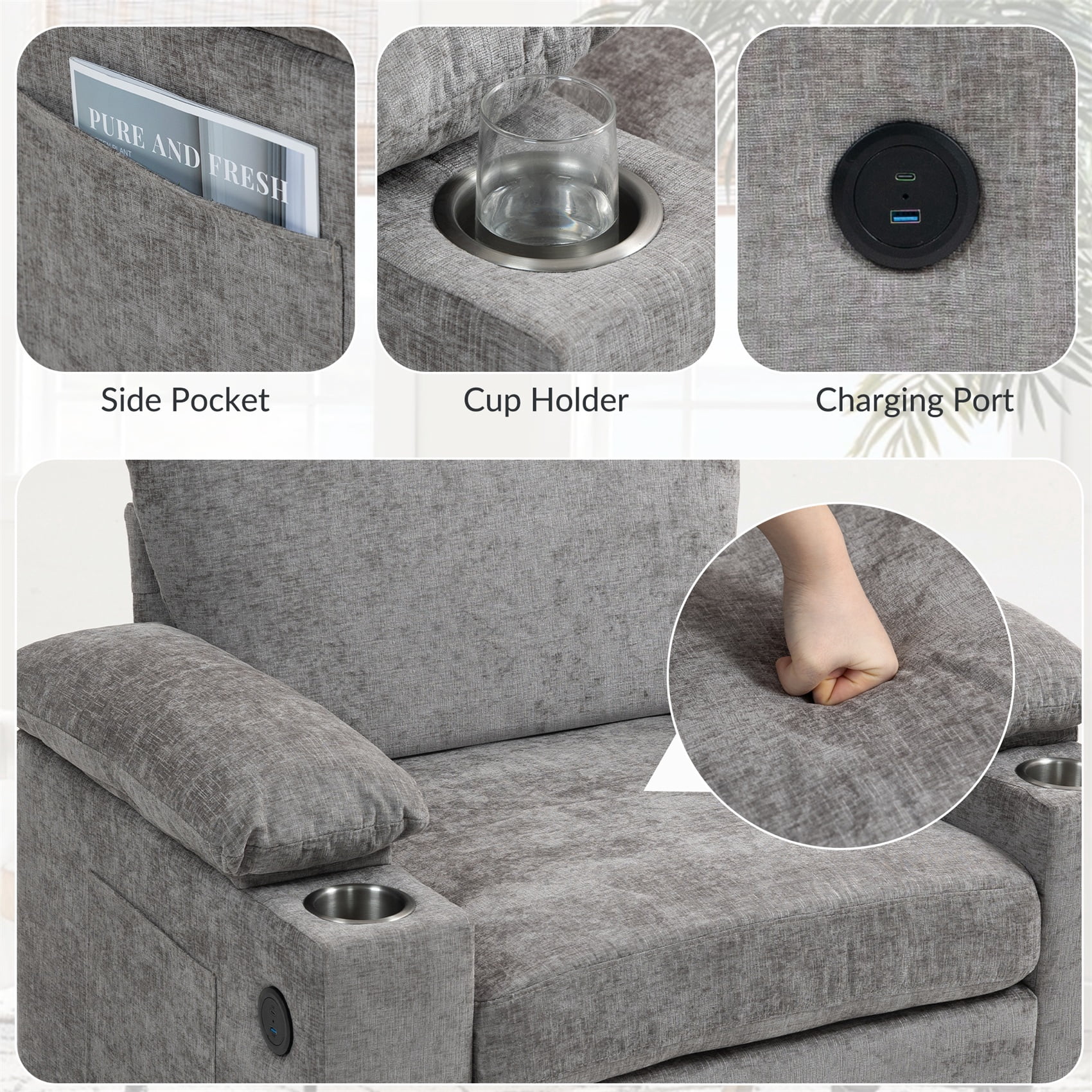 Alvantor Oversized Lounge Chair with Ottoman, Chenille Accent Armchair with Cupholders & USB Charging for Living Room Grey