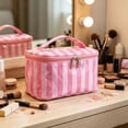 thumbnail image 3 of Striped PVC Makeup Bag, Glossy Large Capacity Cosmetic Case, Waterproof Travel Toiletry Organizer, Bright Color, 3 of 5