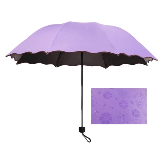 Leodye 1PCS Manual Folding Sun Rain Umbrella Black Coated UV Protection Water Activated Floral Pattern for Women Outdoor Travel -36.6IN