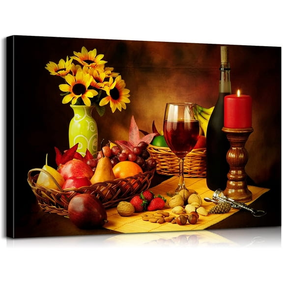 Aaheei Sunflower Wall Art - Wine & Fruits Kitchen & Dining Room Decor - Ready to Hang