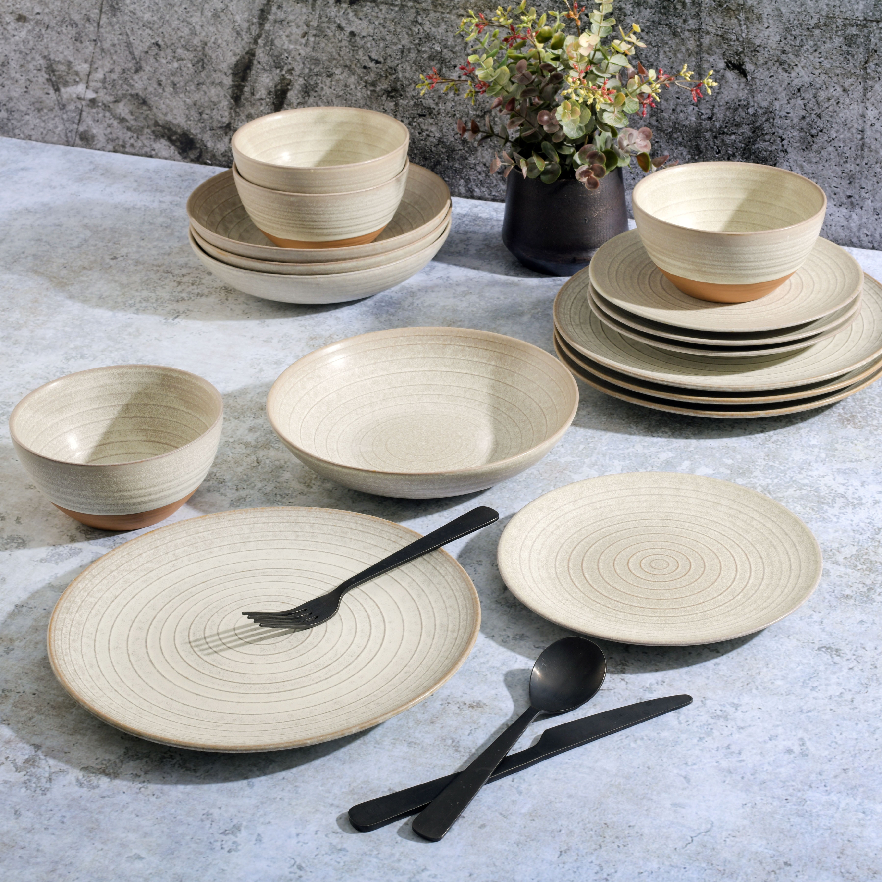Gibson Elite 16 Piece Terra Double Bowl Terracotta Reactive Dinnerware Set - Sand Cream