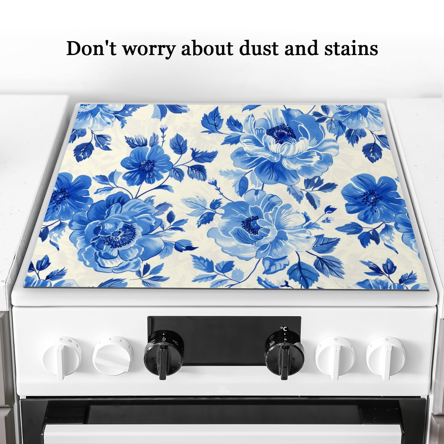 Glass Stove Top Covers For Electric Stove, Blue and White Flowers and Leaves Square Glass Stovetop Cover, Dustproof Mat for Kitchen RV (28×20 Inch)