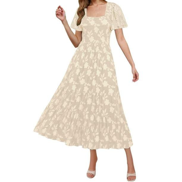 Vestido midi boho floral de verano 2025 para mujer - Vestido de playa de manga corta y cuello cuadrado, tallas S-XL