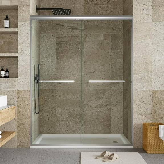 Shower Door, Semi-Frameless Shower Door 72" H, Double Sliding Glass Shower Door with Clear Tempered Glass for Bathroom