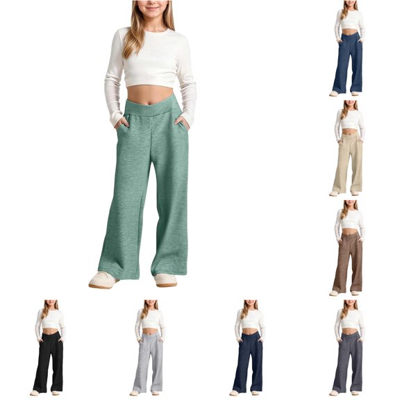 OSOLU Girls Pants Wide Elastic Waist Side Pockets Wide Leg Kids Casual Trousers Green
