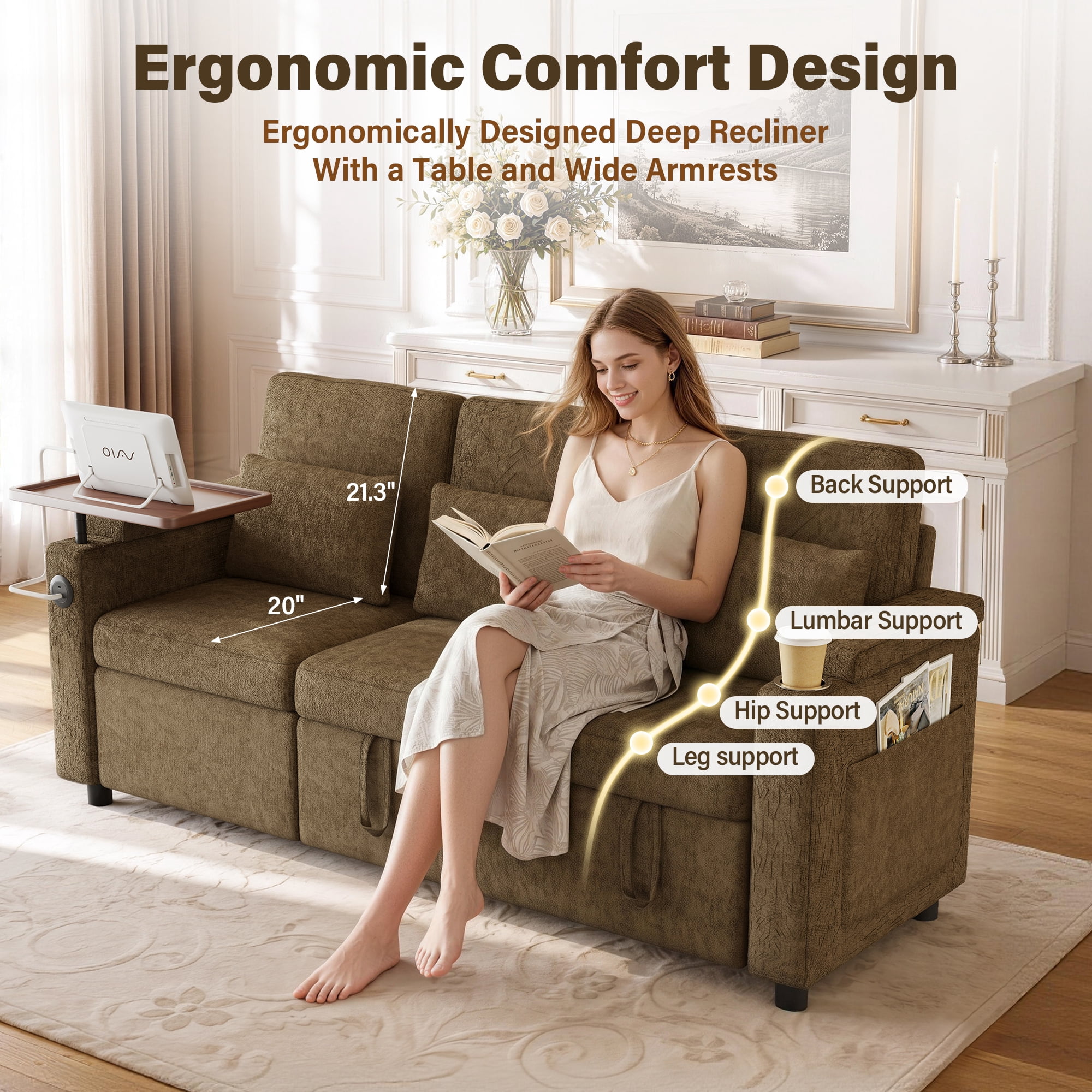 Aukfa 81" Convertible Sleeper Sofa,Chenille 3-in-1 Sofa Bed with Recliner,Center Table,USB Ports & Storage Armrests,Khaki
