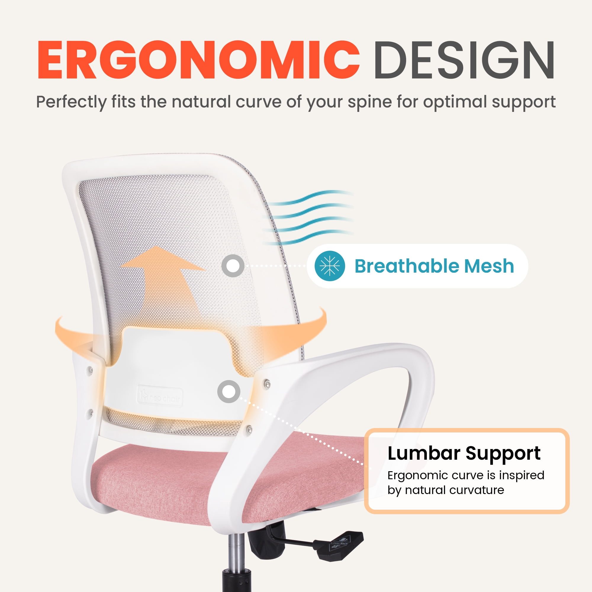 NEO CHAIR Ergonomic Office Chair, Lumbar Support Mid Back, Mesh Home Office Computer Desk Chair with Armrests, Pastel Pink