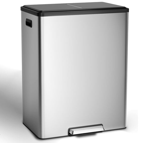 60L 16 Gallon Step Dual Trash Can with Lid, Large Stainless Steel Double Recycling Bin with 2 Removable Wastebaskets, for Kitchen, Bathroom, Home and Office，Silver