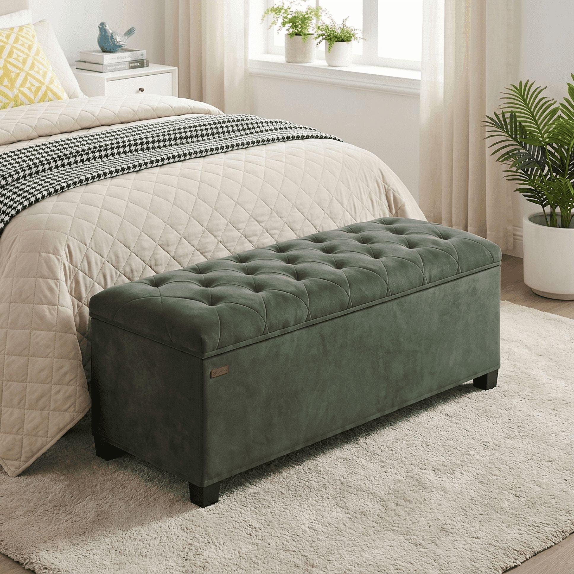 LEDREM 43-Inch Velvet Storage Ottoman Bench with Removable Cover, 660LB Capacity Foot Rest Stool for Living Room Bedroom, Forest Green