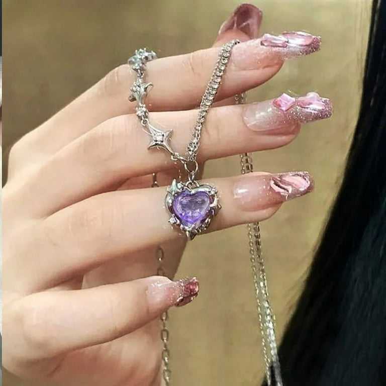Y2K Purple Crystal Heart Pendant Necklace Women Sweet Cool Girl Punk Clavicle Chain Fashion Aesthetic Necklace Jewelry Gift 2023 Walmart