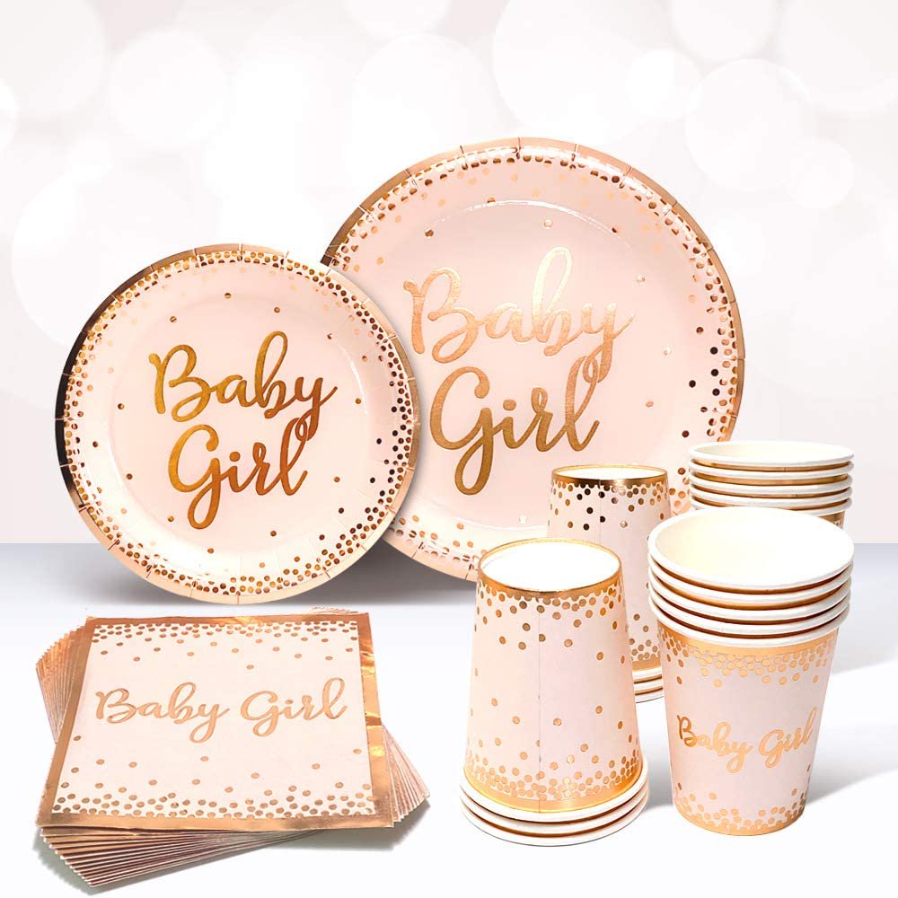 Sweet Baby Co. Baby Shower Plates and Napkins Girl for 24 With Rose Gold Pink Paper Plates ...
