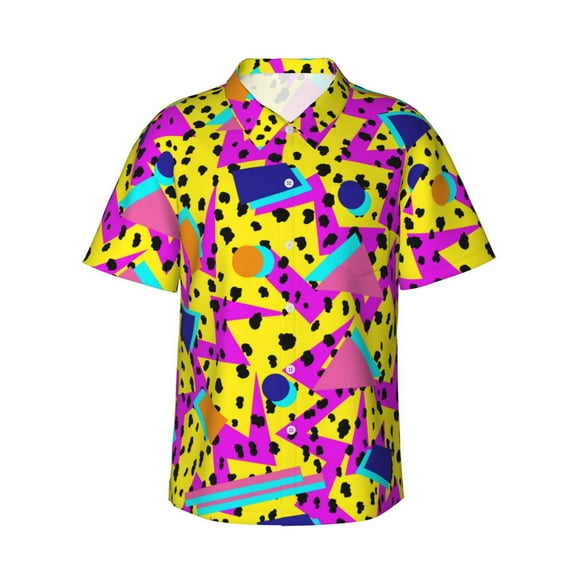 Retro 80s 90s Graphics Hawaiian Shirts For Men, Summer Short-Sleeve Relaxed-Fit Button-Down Shirts Small