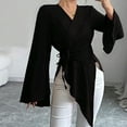 thumbnail image 2 of Ltctricy Women's Satin Blouses Bell Long Sleeve Cross Wrap V Neck Tie Side Pleated Asymmetrical Hem Shirts Dressy Casual Tops(Black,Medium), 2 of 3