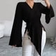thumbnail image 2 of Blusas para mujer,Blusa de mujer de color liso, manga larga, cuello en V, botones, estilo vendaje de poliéster, estilo informal para uso diario y en casa, sopatenor, 2 of 8
