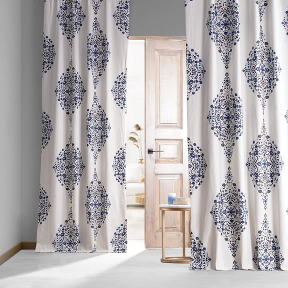 Kerala Blue Printed Cotton Hotel Blackout Curtain (1 Panel), Kerala Blue, 50W X 108L