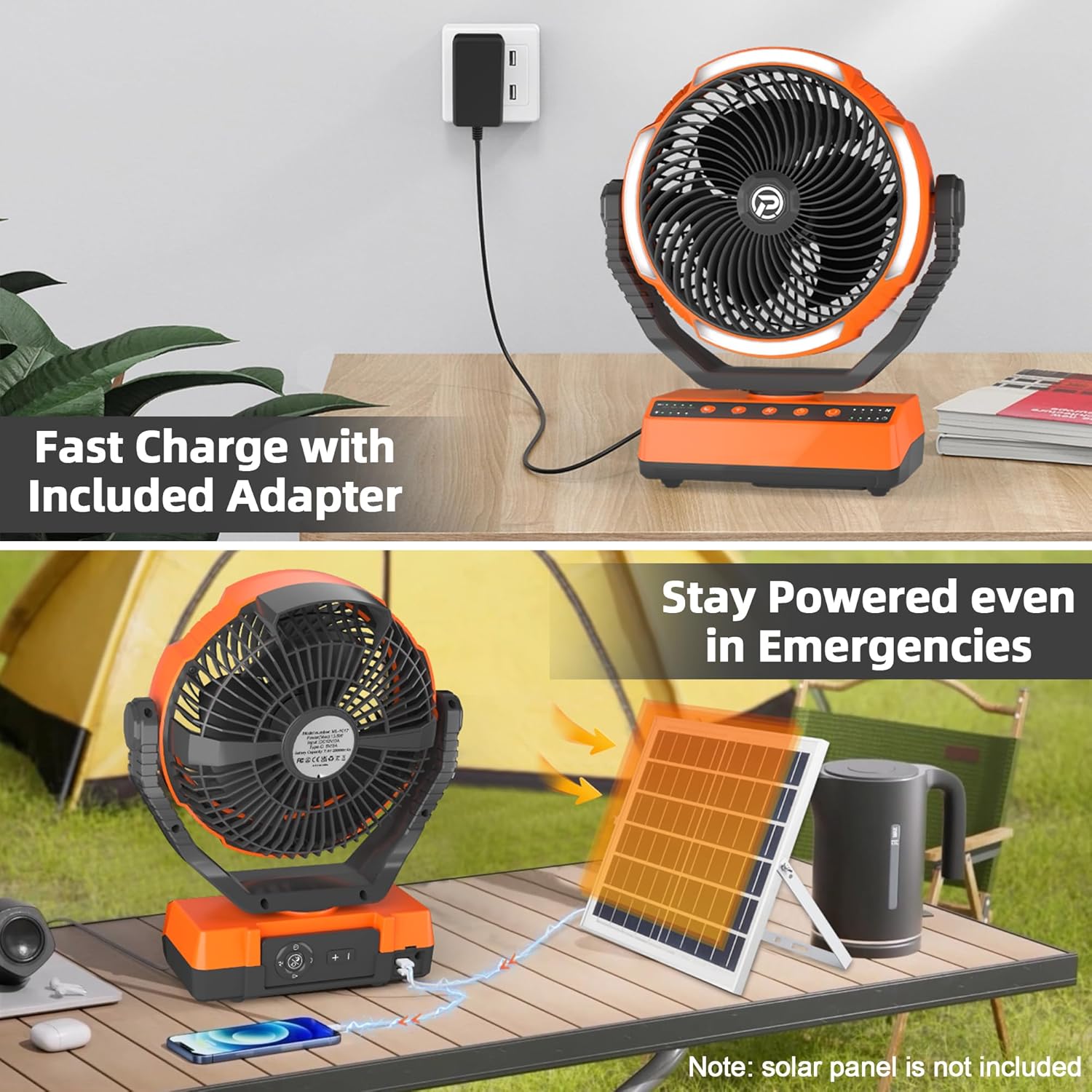 20000mAh Rechargeable Camping Fan with Light, 70HRS Running, Auto Oscillating, 4-Speed,for Tent, Travel, Power Outage, Jobsite,Charger Adapter Included
