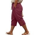 thumbnail image 2 of Women's Plus Size Casual Solid Lace Trim Drawstring 3/4 Pants, Cotton Linen Blend Summer Capris, Soft Elastic Waist Side Pockets, Lightweight Breathable for Work Walking | TruHer,Wine 4XL, 2 of 6