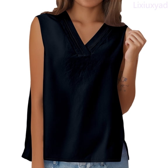 Lixiuxyad Womens Coton Linen Tops Shirt Ladies V Neck Loose Sleeveless Blouse Tee Vest Dressy Casual,Blue L