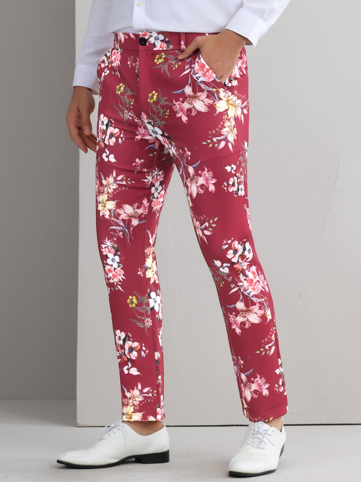 DARING DIVA Men's Flat Front Party Flower Printed Slacks Dress Pants 38 Burgundy Pink