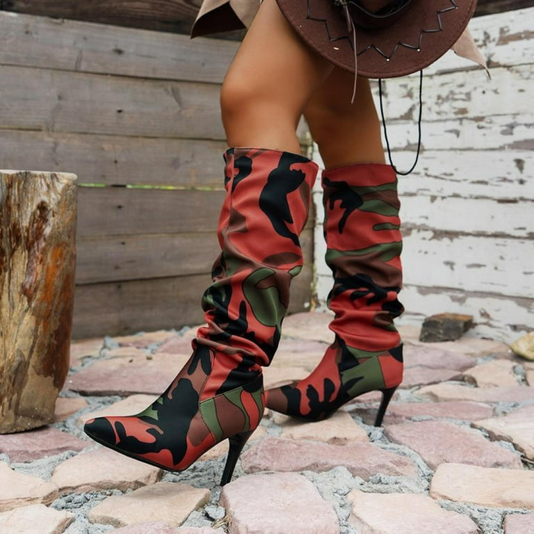 Mepaouo Women Knee High Boots Camouflage Print Thin Heel Combat