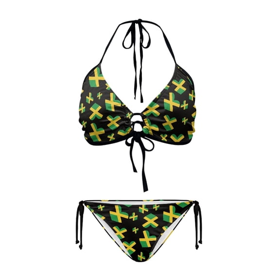 Uourmeti Jamaican Flag Heart Print Halter Bikini Set Two Piece Triangle Swimsuit for Beach Vacation Pool Party Sexy Tie Side Bathing Suit for Women
