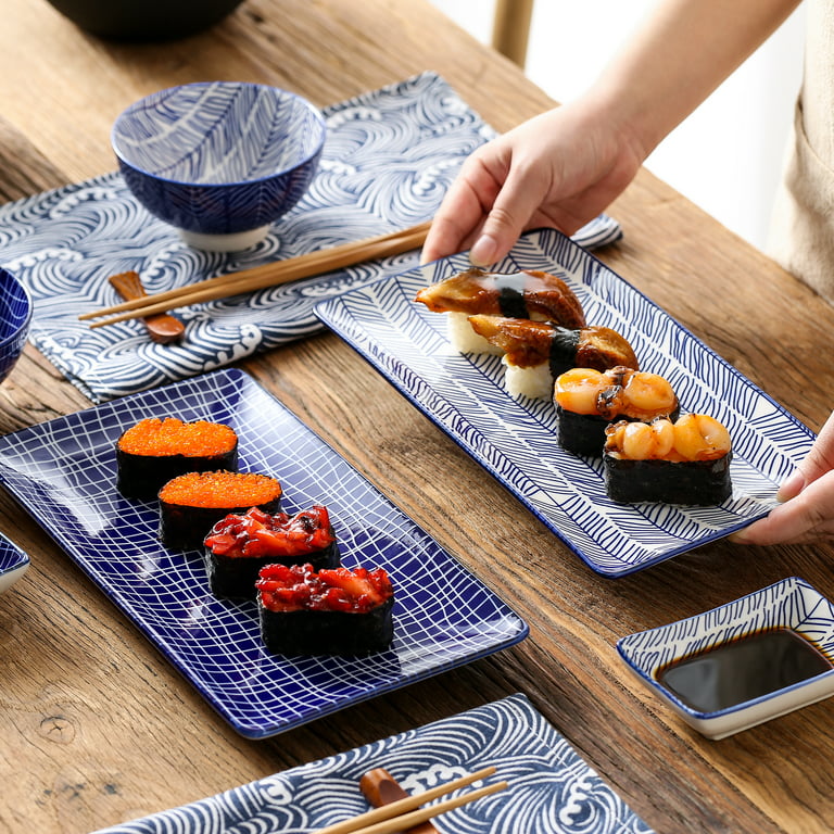 vancasso Takaki Porcelain Sushi Plate Set for 2, Japanese Style Ceramic  Blue 8 Pieces Sushi Serving Set, Including Sushi Platters, Sushi Bowls, Dip Bowls