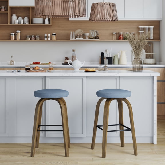 AILUNWALL Swivel Bar Stools Set of 2 Bar Height Backless 30 Inch Fabric Upholstered Wood Legs Blue