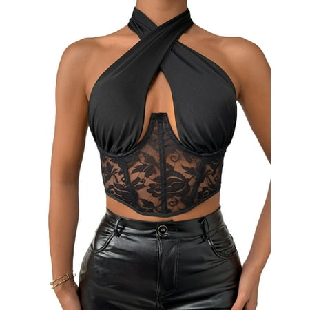 

Women Sexy Criss Cross Halter Corset Crop Top Sleeveless Self Tie Backless Cut Out Cami Streetwear