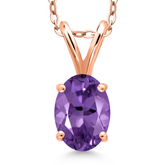 Gem Stone King 0.75 Ct Oval Purple Amethyst 18K Rose Gold Plated Silver Pendant with Chain