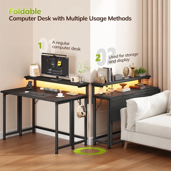 Romorgniz 31.5"D Folding Desk with Monitor Stand, Computer Desk with LED Lights & Hooks, Office Desk for Bedroom, Black