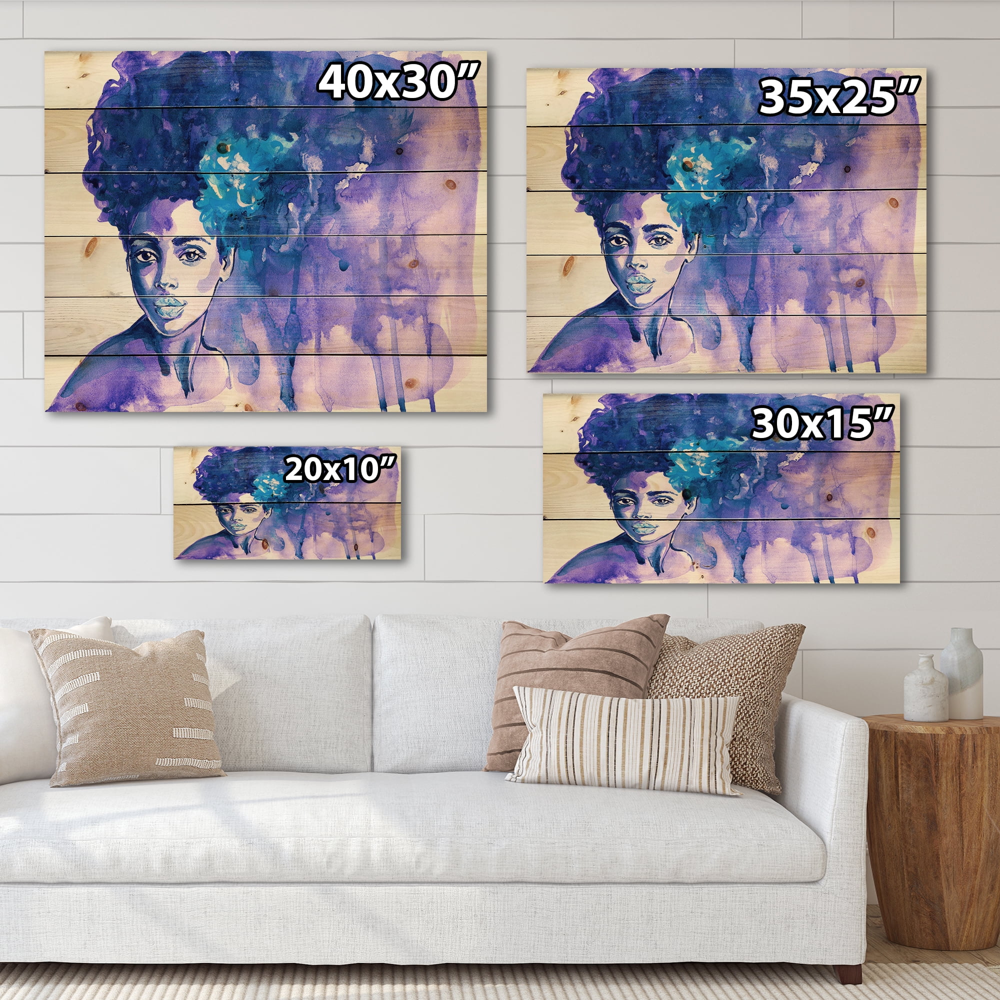 Designart 'Glorious Blue Portrait of Afro American Woman' Modern Print on Natural Pine Wood