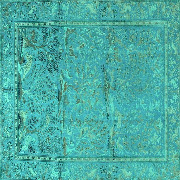 Ahgly Company Machine Washable Indoor Square Animal Turquoise Blue Traditional Area Rugs, 4' Square