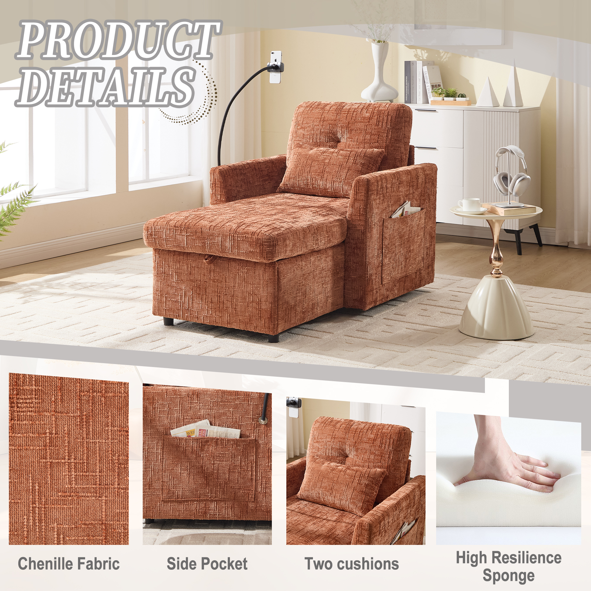 MOONMISS Chenille Upholstered Storage Lazy Single Leisure Chair Sofa with Phone Holder&Side Pocket-Orange