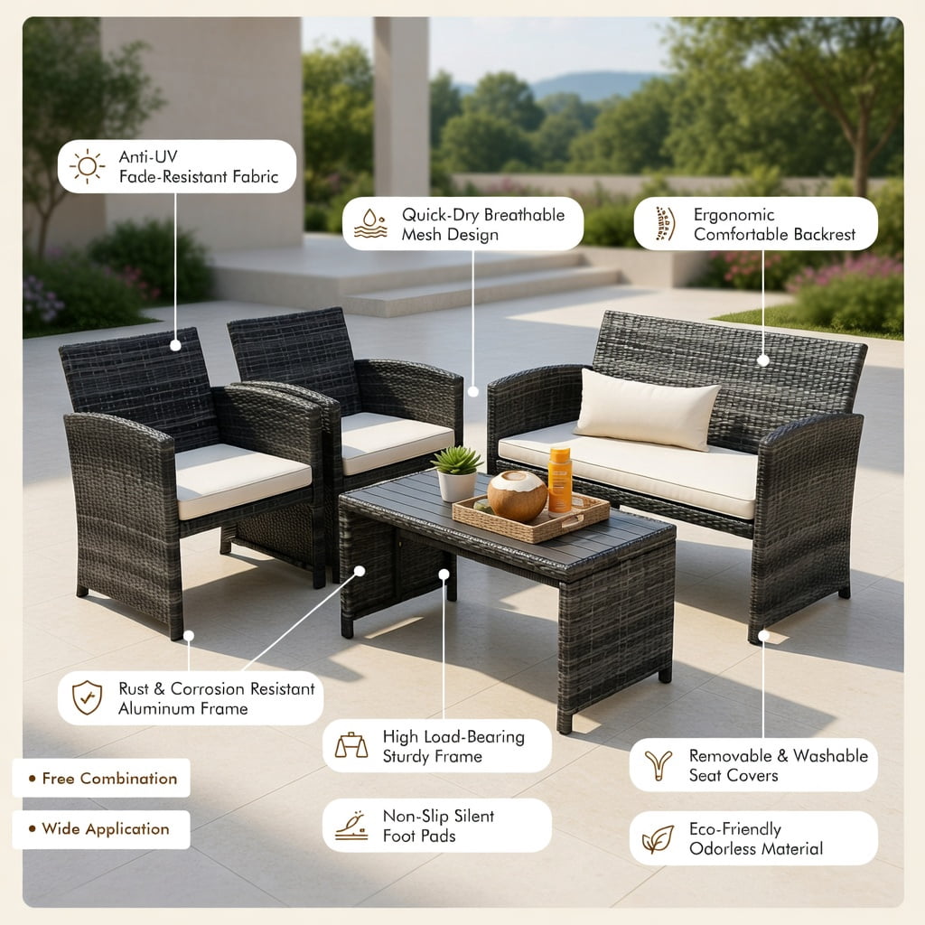 Hommoo 4-Piece Outdoor Rattan Patio Furniture Set, Loveseat + 2 Single Sofas + Tempered Glass Coffee Table for Backyard, Balcony & Garden, White