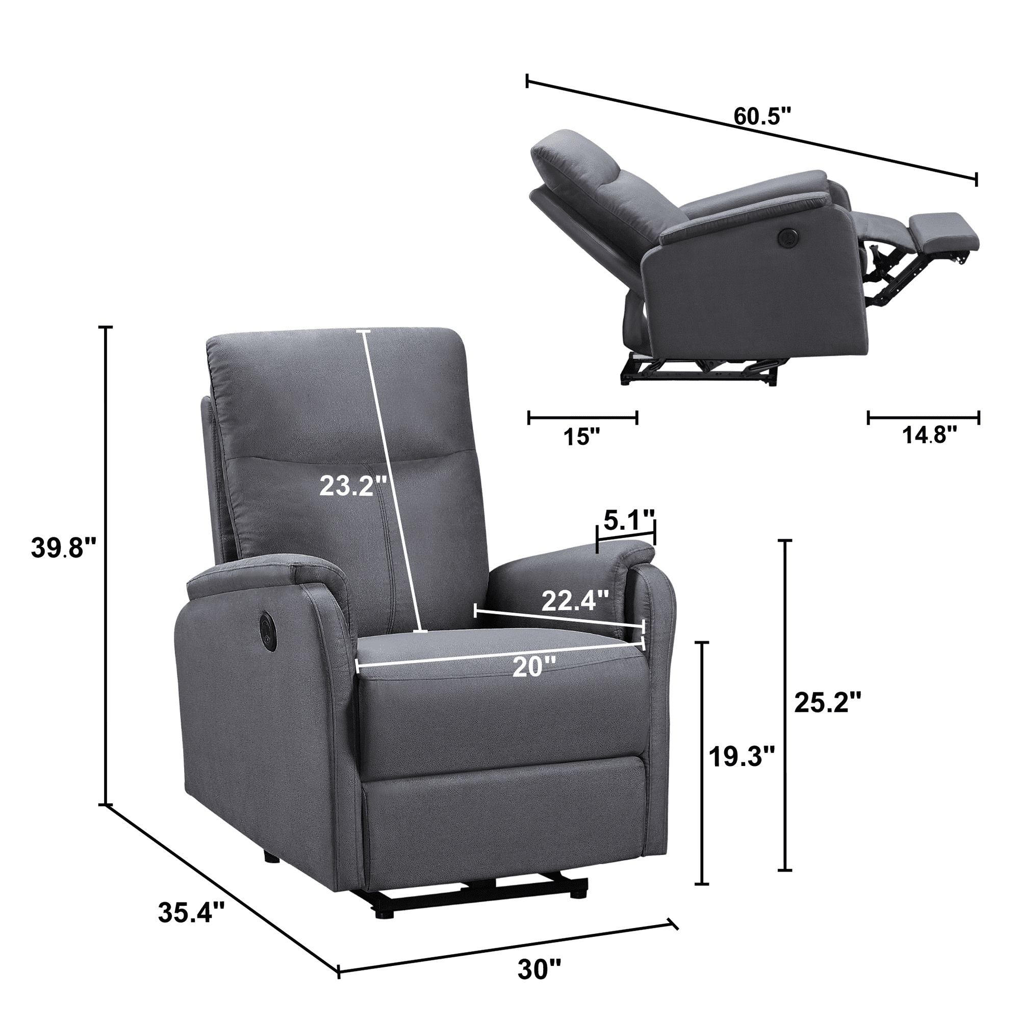 MAYEERTY Recliner Chair With Power function and Deep Body Cushions, Grey Fabric Upholstery