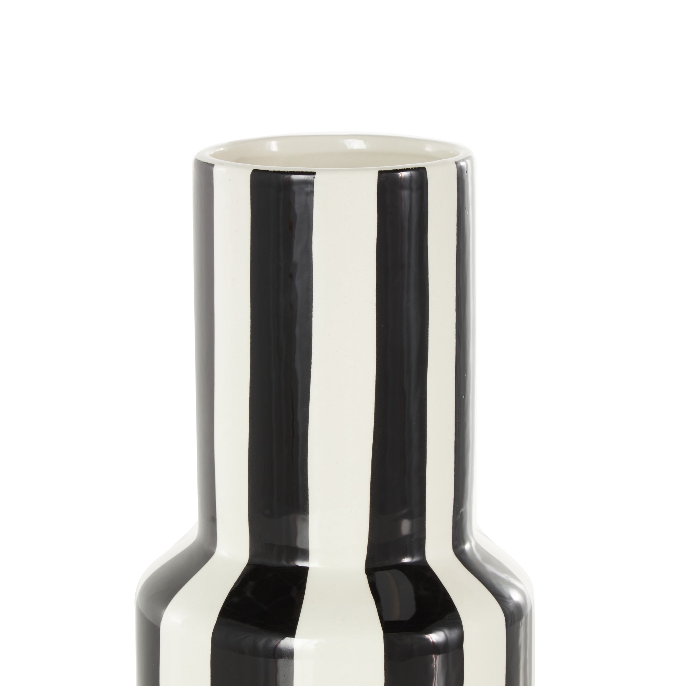 DecMode 11" Round Black Ceramic Vase with White Vertical Stripes