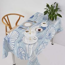 Starfish Seashell Tablecloth, Blue Coastal Nautical Tropical Summer Beach Theme Vintage Table Cloth for Home Kitchen Dining Patio Outdoor Picnic Party, Rectangle(55x55in)