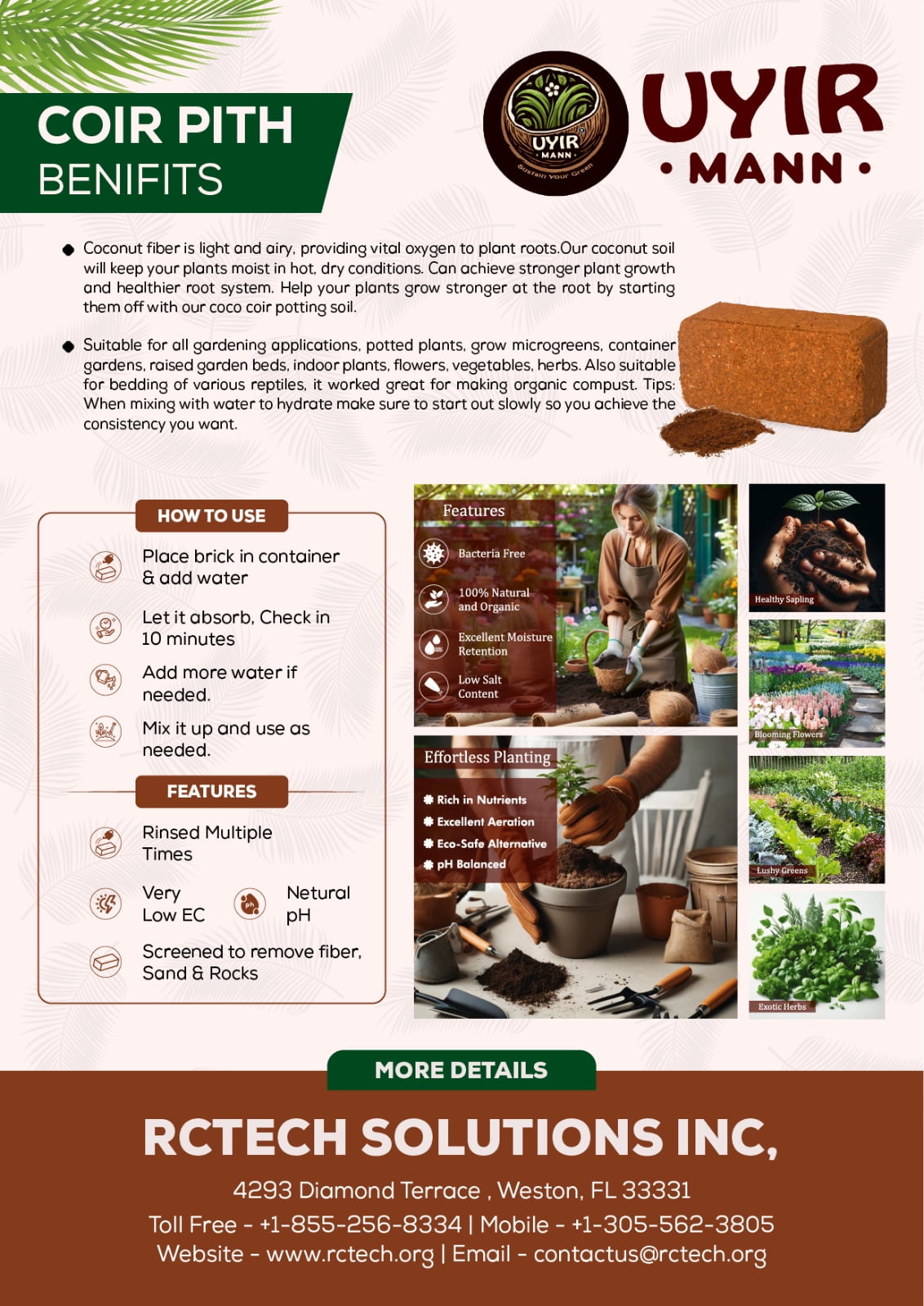 UYIR MANN Coco Coir 2 LB Brick - Premium Gardening Soil