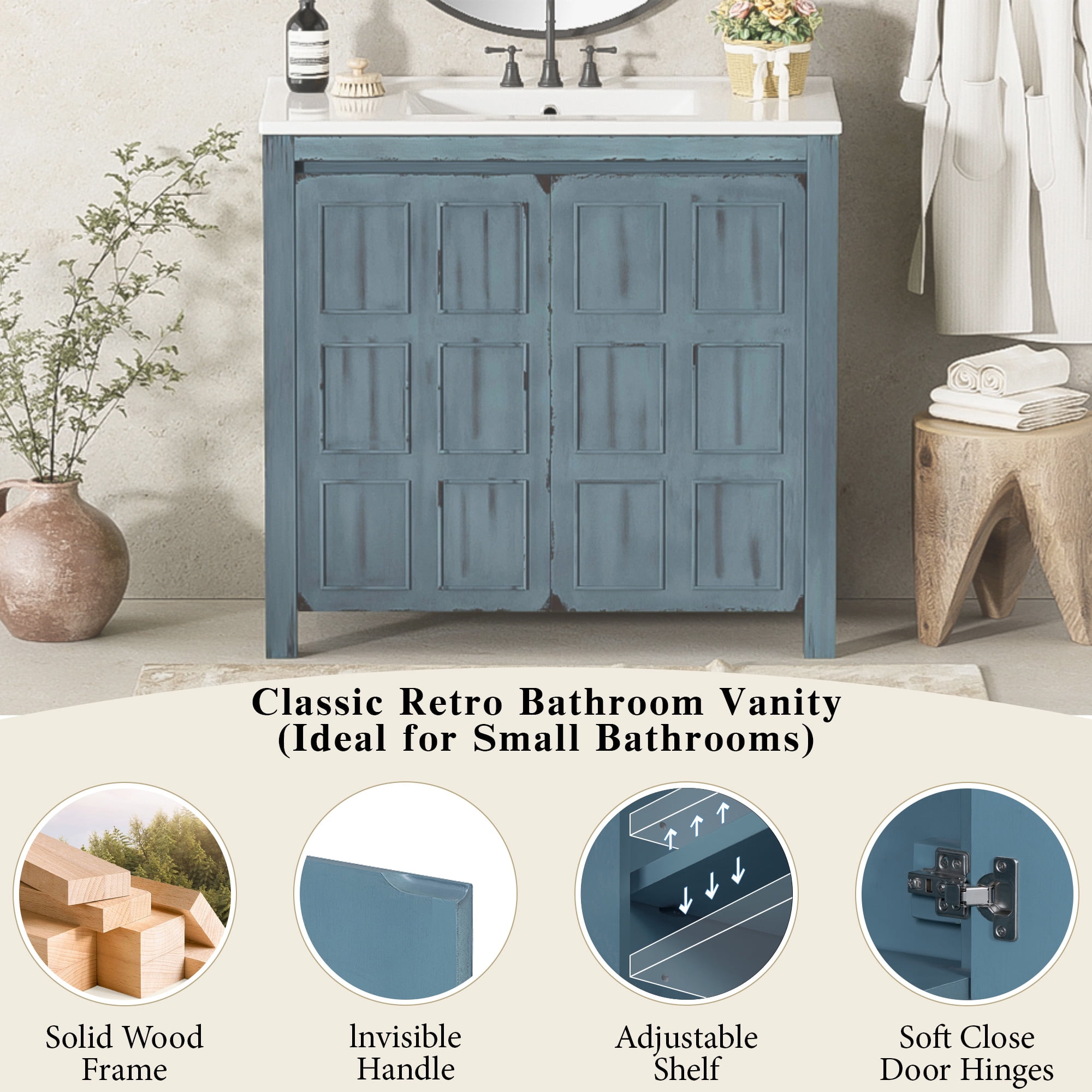 Euroco 36 " Bathroom Vanity Organizer with Ceramic Sink, Set Bathroom Storage Cabinet, Retro Blue