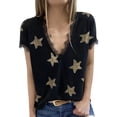 thumbnail image 3 of Camiseta informal de mujer de manga corta con ribete de encaje, color negro, talla L, cuello en V y diseño de noche estrellada, 3 of 5