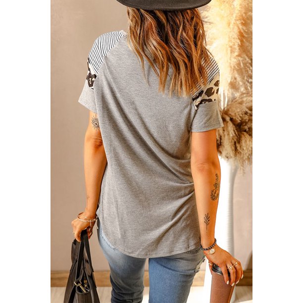 ABPHQTO Camiseta de manga corta con estampado de leopardo a rayas de conejito de Pascua gris para mujer