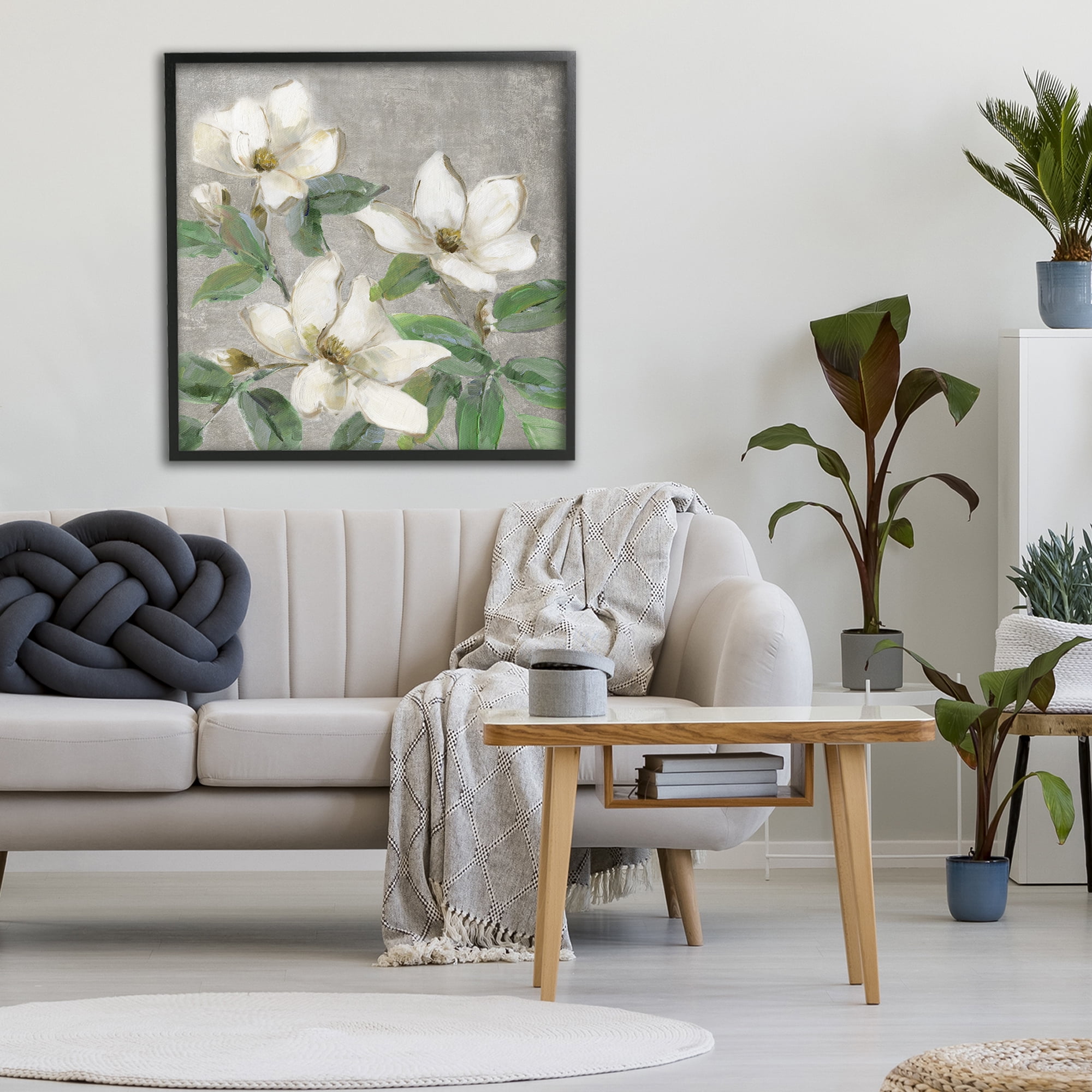 Stupell Industries Ivory Magnolias on Grey Black Framed Giclee Art, design by Sally Swatland