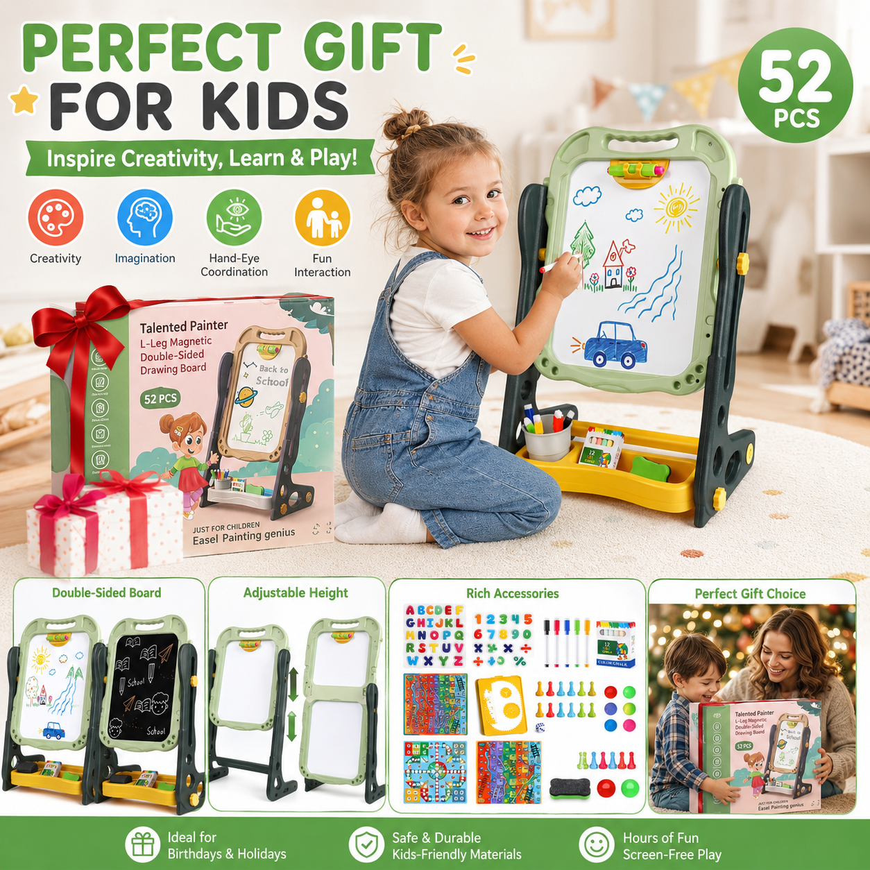 Huge Wave Easel for Toddlers, Double Sided Magnetic Drawing& Learning Board for Girls Boys 2-6 Years, Adjustable Height, Christmas Birthday Gifts for Kids