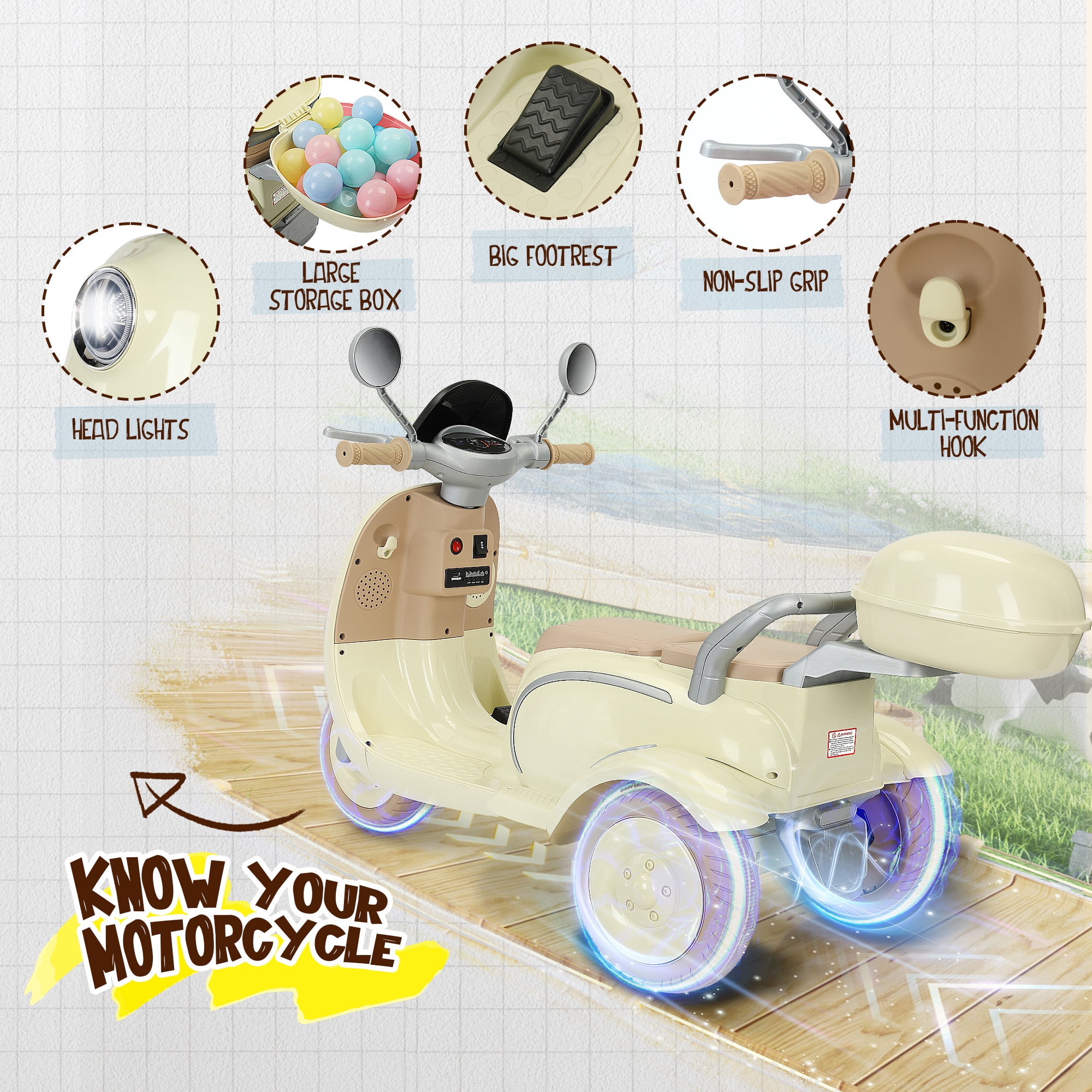 Letsgokid 2 Seater Electric Motorcycle, 12V Ride On Motorcycle with USB, Music, Bluetooth, Light, Big Storage Box, Motorcycle for Kids 3+