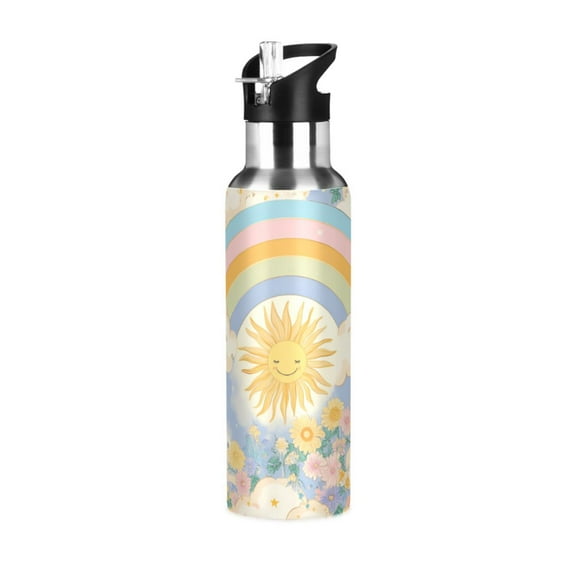 Yayeee 20oz Double Wall Stainless Steel Water Bottle with Flip Straw, Purple Rainbow Clouds